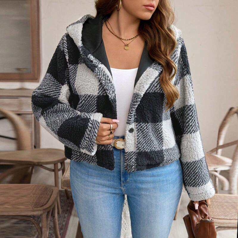 Shein Genuine Autumn Women's Large Size Black and White Plaid Long-Sleeved Hooded Jacket Short Style Shein Genuine Autumn Women's Large Size Black and White Plaid Long-Sleeved Hooded Jacket Short Style