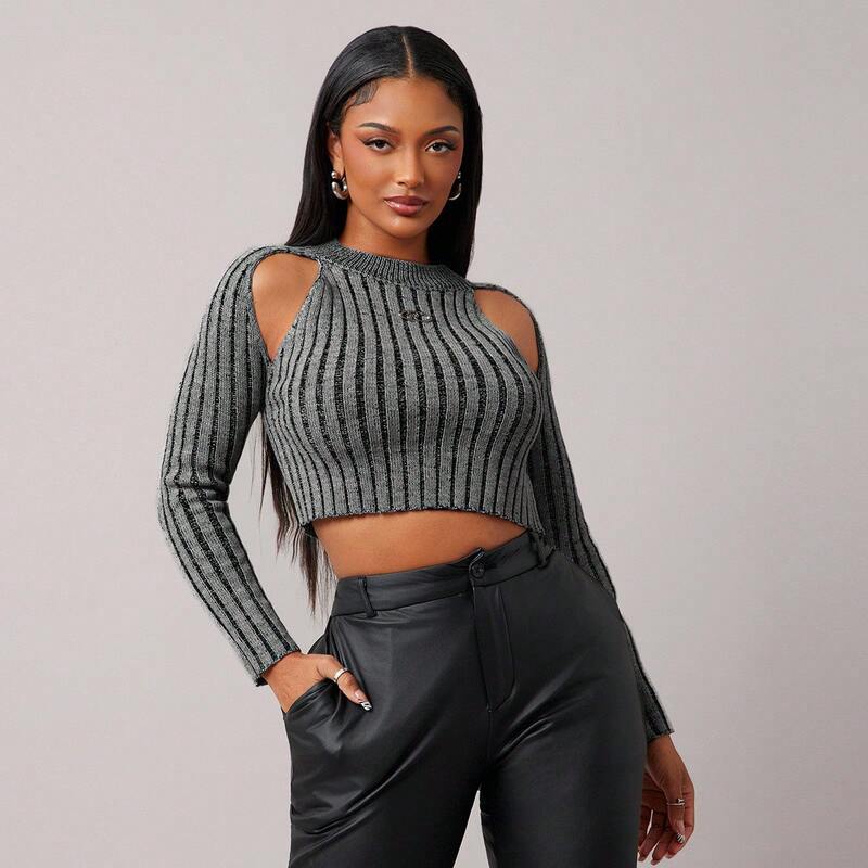 Shein Genuine Autumn Women's Gray Ribbed Vertical Stripe Off-Shoulder Long-Sleeve Short Knit Top Shein Genuine Autumn Women's Gray Ribbed Vertical Stripe Off-Shoulder Long-Sleeve Short Knit Top