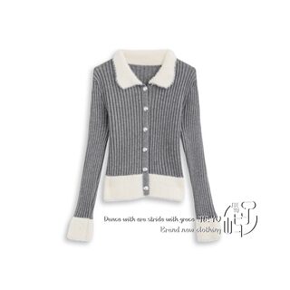 孑屿JIEYU 翻领毛绒拼接针织开衫女毛衣外套