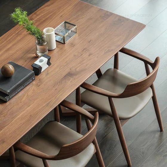 Light luxury solid wood long dining table log round table coffee table coffee Nordic backrest armrest multi-person Hiroshima table and chair combination