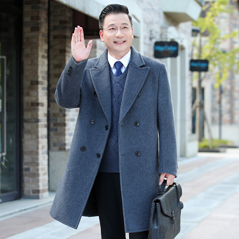 Middle-Aged Men's Dad's Autumn and Winter Woolen Coat 2026 New Double-Breasted Trench Coat for Middle-Aged and Elderly Long Coat