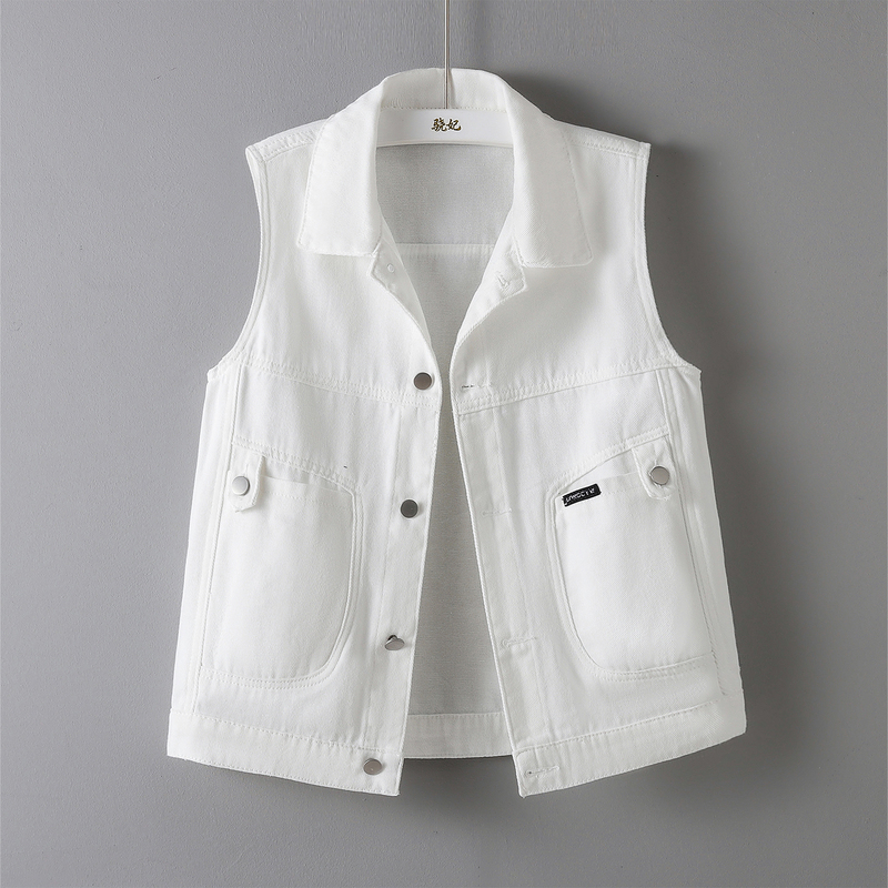 Korean Style Large Pocket White Denim Vest for Women, Autumn Single-Breasted Sleeveless Jacket, Loose and Versatile Large Pocket Vest