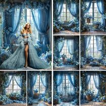 Photography Background Blue Flower Room Window Curtain Decor