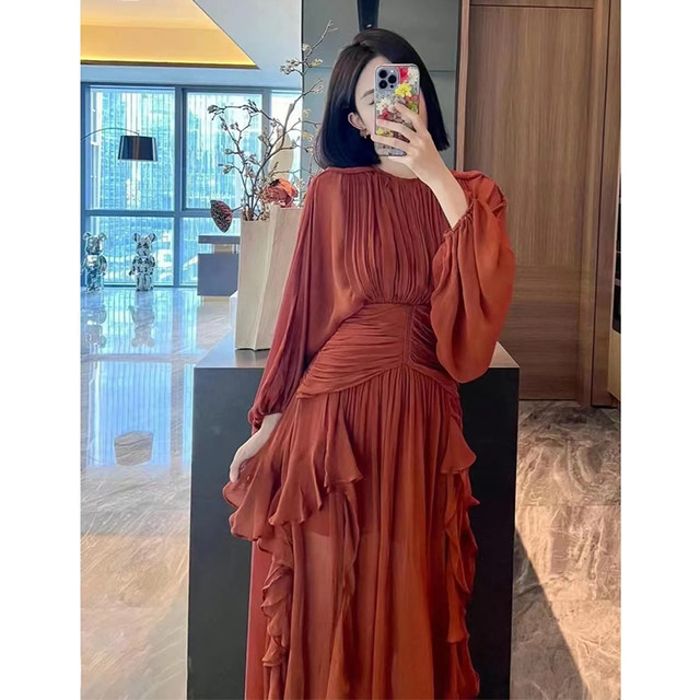 Heavy industry wooden ear dress 2023 autumn new style niche design irregular lantern sleeve long skirt women