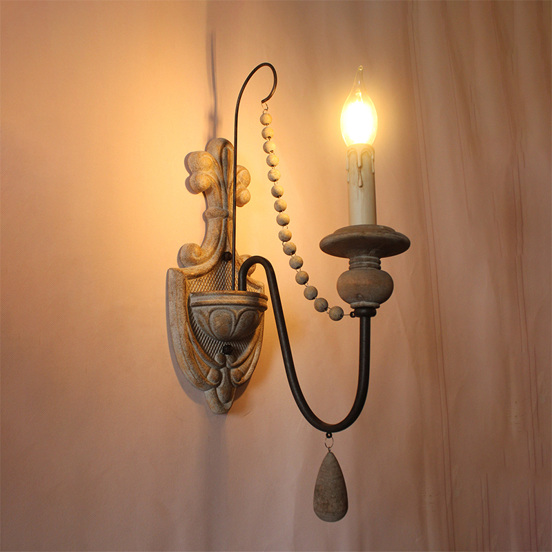 American Country Retro Wall Lamp Solid Wood French Living Room Background Wall Bedroom Bedside Lamp Aisle Bed and Breakfast Candle Lamp