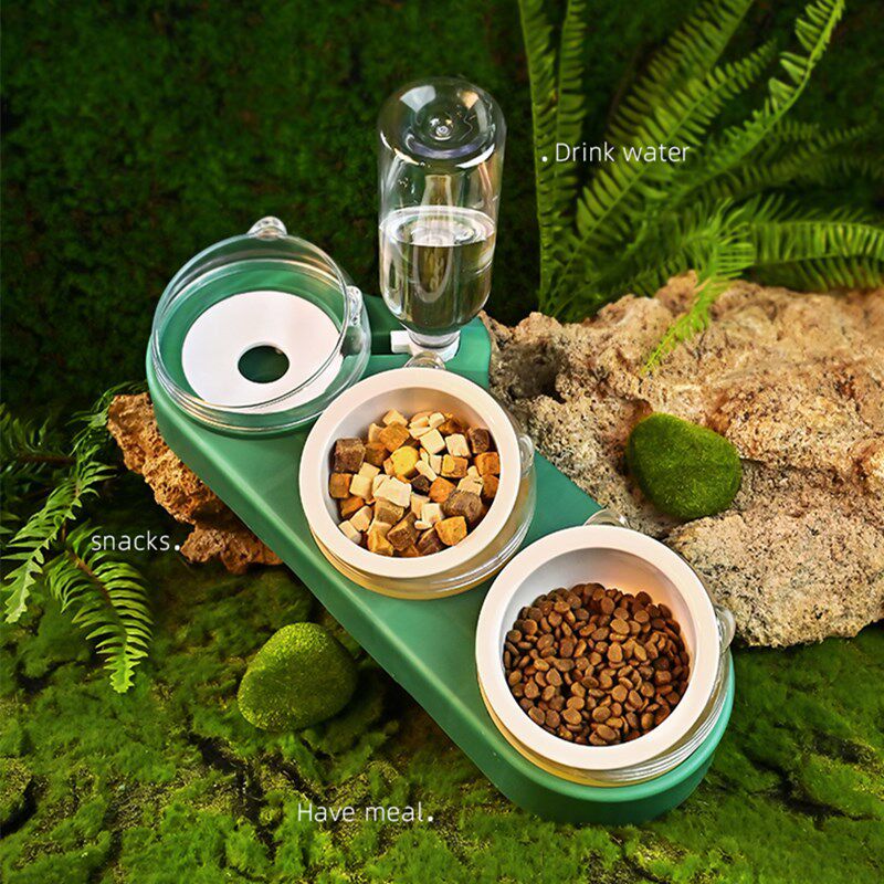猫碗猫食盆陶瓷双碗自动饮水不易打翻不锈钢斜口碗架三碗一体幼猫