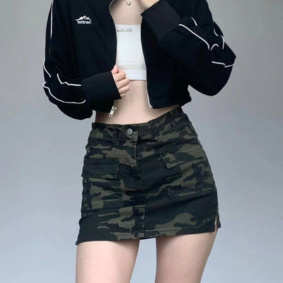 American hot girl hip pocket workwear dress for spring and summer women A-line high-waisted slimming denim skirt and camouflage short skirt trend