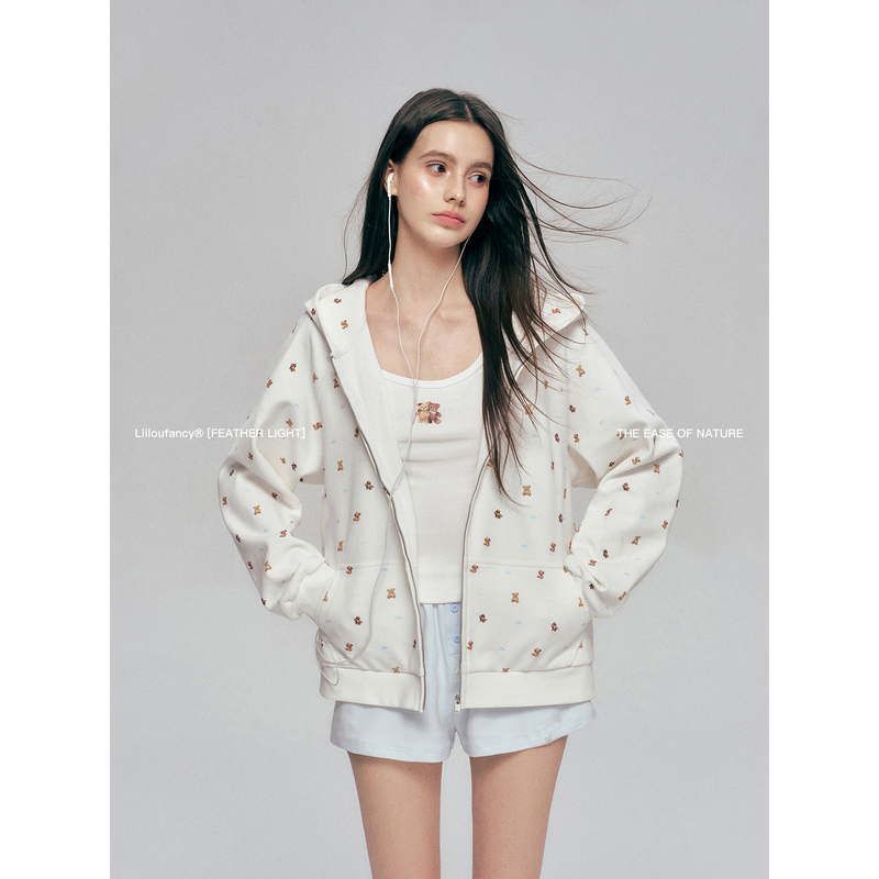 Liilou 26Aw Love Bear Plush Bear All-Over Print Cute Ears Loose Drop Shoulder Sweatshirt Jacket Liilou 26Aw Love Bear Plush Bear All-Over Print Cute Ears Loose Drop Shoulder Sweatshirt Jacket