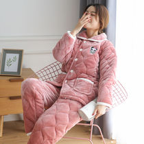 Early winter nightdress woman three layers thickened flannel cute and outer wear large code warm middle-aged and old cotton home suit