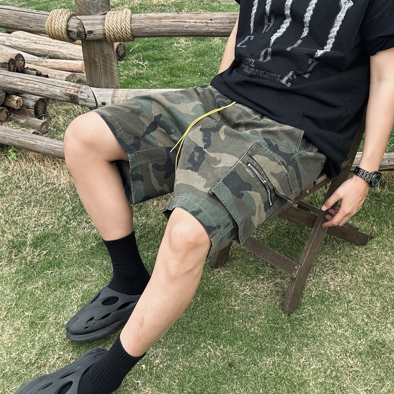 Auei American Retro Camouflage Cargo Shorts Men's Summer Fashion Brand High Street Casual Sports Drawstring Straight Five-Quarter Pants