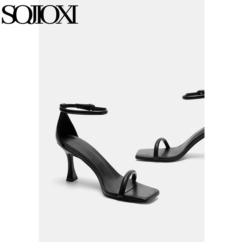 Sojioxi Black Strappy High-Heeled Sandals for Women, Summer Outdoor Wear, Sexy French Open-Toe High Heels, Women's Stiletto Heels