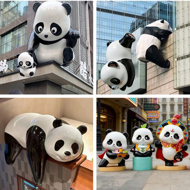 Outdoor Wall-Mounted Large Fiberglass Sculpture of Mother and Child Pandas, Popular for Photo Spots at Trendy Milk Tea Shops