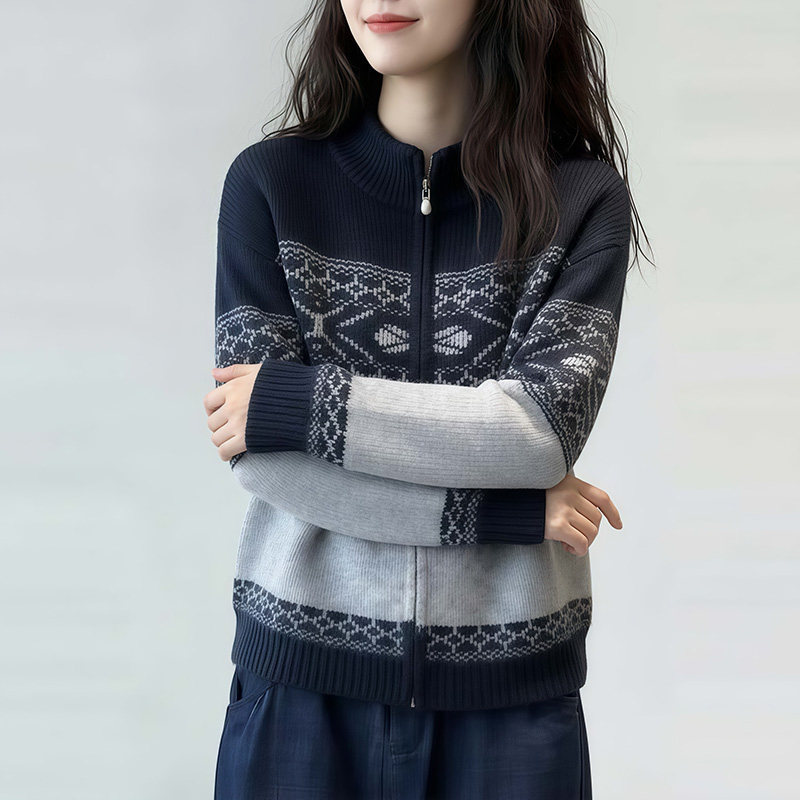 European and Korean Retro Fair Isle Jacquard Long-Sleeved Knitwear for Women, Fashionable Soft Zipper Cardigan Loose Sweater for Spring and Autumn