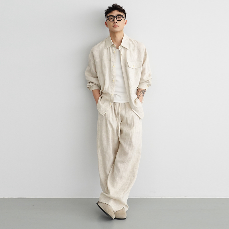 Yulinjian Natural Linen Lyocell Old Money Style Sun Protection Long-Sleeve Shirt and Raw Linen Casual Pants Light Oxygen Suit