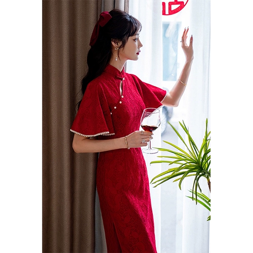 Ципао, красное цветное вечернее платье, свадебное платье, китайский стиль, изысканный стиль