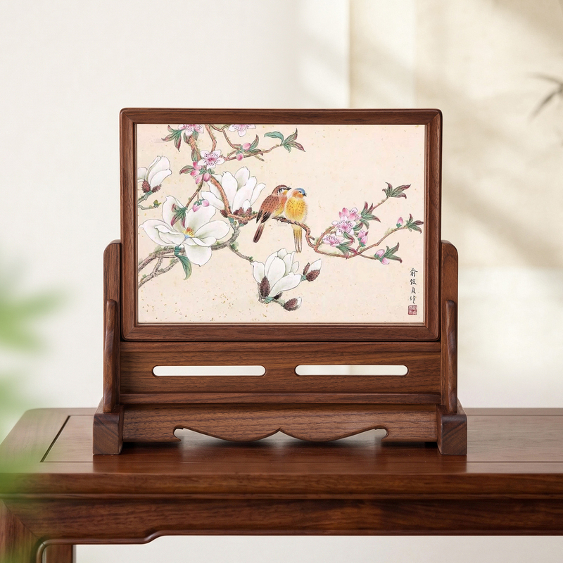 New Song-Style North American Black Walnut Carving Crafts Ornaments Double-Sided Transparent Table Screen Desktop Decorations Art Photo Frame