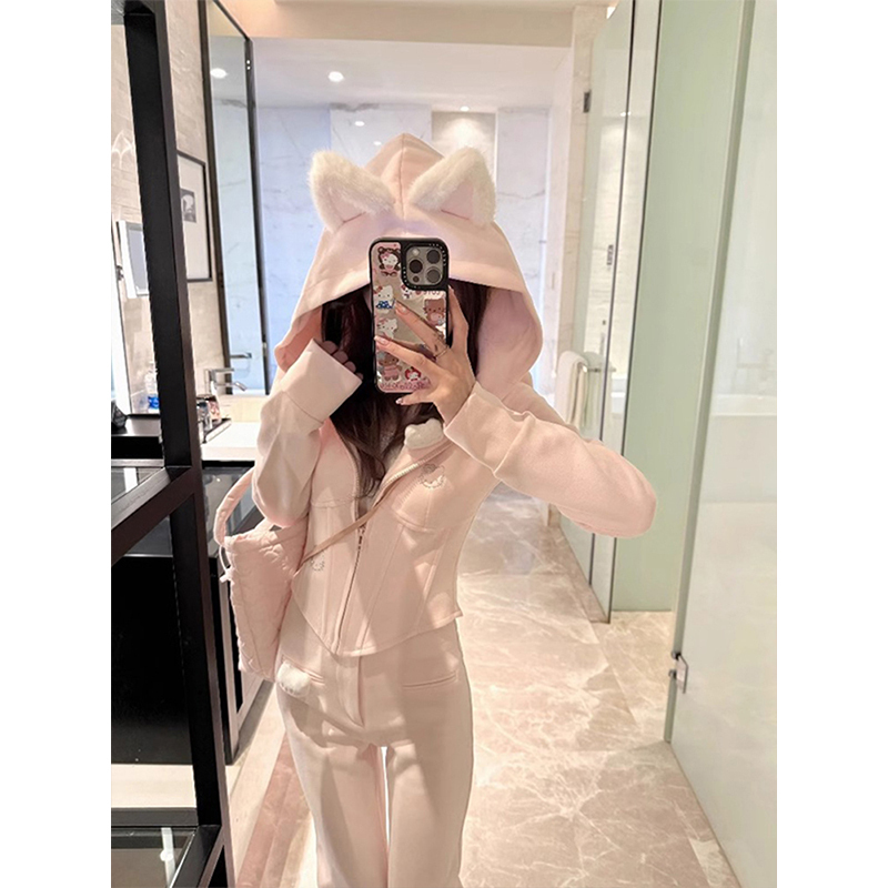 Korean Casual Sports Suit for Women, New Autumn Pink Sweet Slim-Fit Fishbone Hooded Jacket and Long Pants Two-Piece Set Korean Casual Sports Suit for Women, New Autumn Pink Sweet Slim-Fit Fishbone Hooded Jacket and Long Pants Two-Piece Set