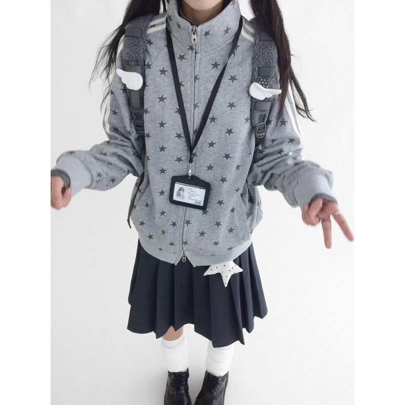 Innomoood Fragmented Star Stand Collar Loose Sweatshirt Sportswear School Style Jk Jacket Long Sleeve Printed Versatile Innomoood Fragmented Star Stand Collar Loose Sweatshirt Sportswear School Style Jk Jacket Long Sleeve Printed Versatile