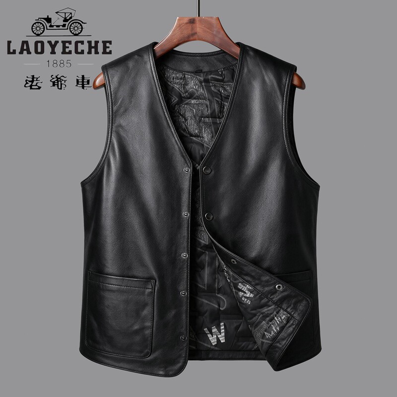 Vintage Leather down Vest for Men, 2026 New Autumn and Winter Warm V-Neck Cowhide Vest for Both Inner and Outer Wear Vintage Leather down Vest for Men, 2026 New Autumn and Winter Warm V-Neck Cowhide Vest for Both Inner and Outer Wear