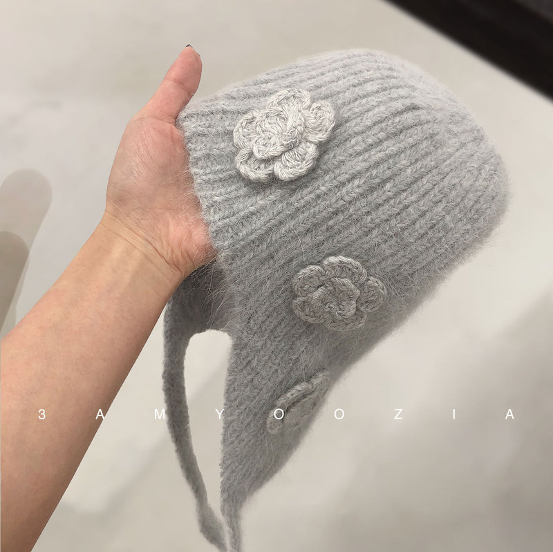 Niche Design Round Top Large Head Circumference 2025 Korean Style Winter New Pullover Hat Knitted Floral Tie Wool Hat