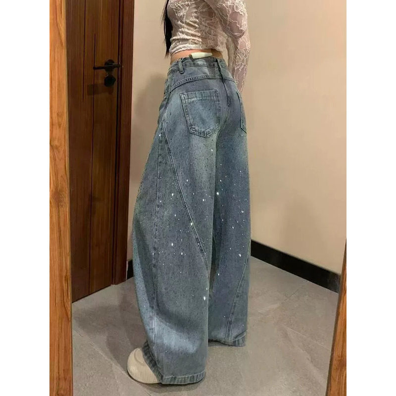 American-Style Star-Studded Rhinestone Curved Knife-Cut Jeans for Women, 2026 Summer Casual Loose Slimming Rhinestone Wide-Leg Long Pants Trendy