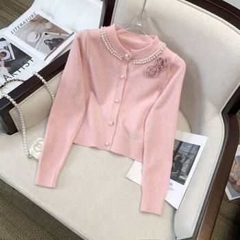 Xiaoxiang style pink jacket, foreign style flower beading knitted cardigan for women, spring and autumn korean version, versatile temperament thin sweater