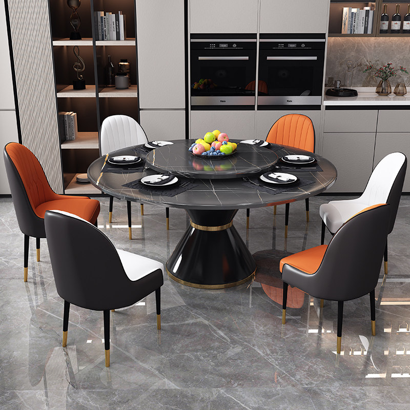 Italian minimalist rock slab home dining table chairs round table with turntable modern simple marble combination round dining table