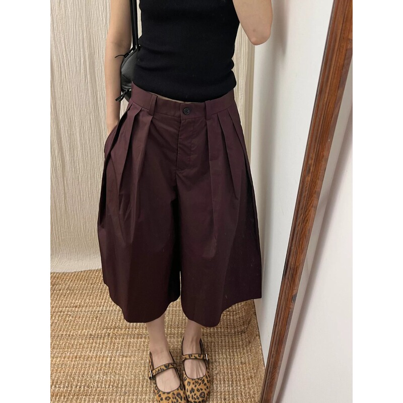 Outlet Clearance Brand Name Cut-Label Surplus Red-Brown Cropped Pants for Women, Summer Loose and Casual Style Pants