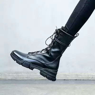 Leather thick-soled Martin boots female tide ins Net red thin boots increased short boots tie-up boots handsome locomotive boots