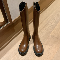 Soft leather brown boots female thin thick soles boots small stretch thin boots v mouth Knight boots high boots