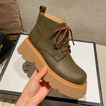 Olive green leather single boots muffin thick-soled Martin boots female winter plus velvet rhubarb boots English style retro round head short boots