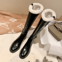 Leather brown boots lock buckled boots women winter plus velvet padded height Knight boots lamb wool snow boots cotton boots