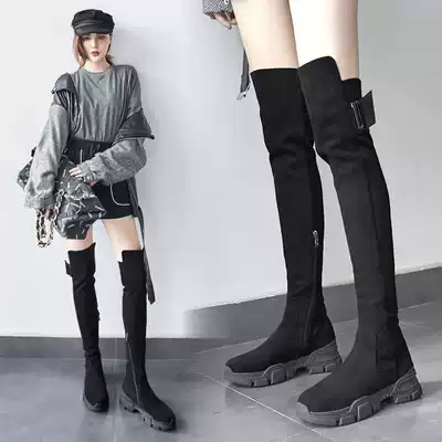 Leather skinny legs black thick-soled boots female knee boots Net red high tube riding boots horse boots winter plus Velvet