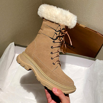 Leather lace-up thick-soled Martin boots women winter plus velvet padded short boots northeast big cotton shoes warm wool snow boots