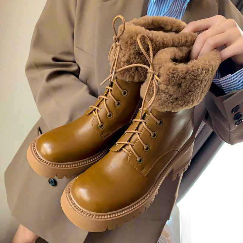 Leather thick-heeled thick-soled Martin boots women's winter plus velvet thickened wool snow boots warm cotton shoes khaki short boots