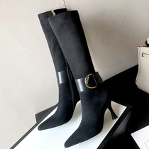 Temperament pointed boots show thin legs thin high heel boots new metal buckle high boots strap elastic thin boots