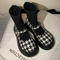 Japanese ugly cute big head doll shoes leather thick-soled short boots women winter plus velvet Plaid Mary Jane socks boots