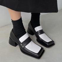 French coarse heel single shoes women 2022 spring new British small leather shoes contrast color black and white shoes leather square head Lefu shoes
