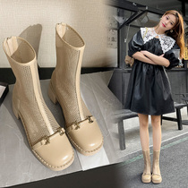 Retro Genuine Leather Mesh Yarn Cool Boots High Heel Mesh Boots Hollowed-out Boots Children Summer Middle Cylinder Coarse Heel Short Boots Spring Autumn Single Boots