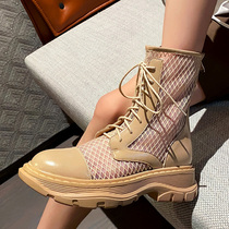 Hollowed-out boots children Summer slim short boots casual thick bottom Martin boots breathable genuine leather mesh yarn cool boots Baotou sandal