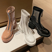 Genuine Leather Thick Base Cool Boots Summer Mesh Yarn Martin Boots Female Hollowed-out Mesh Boots Coarse Heel White Short Boots Front Zip High Heel Boots
