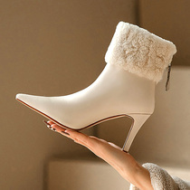 Genuine leather beige pointed high heel boots female winter plus velvet small skinny boots increased Lamb hair and ankle boots