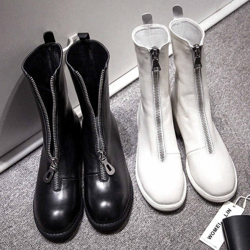 guidi booties front zipper leather thick heel middle tube black and white Martin boots women's net Red Ghost Emperor inner heightening boots
