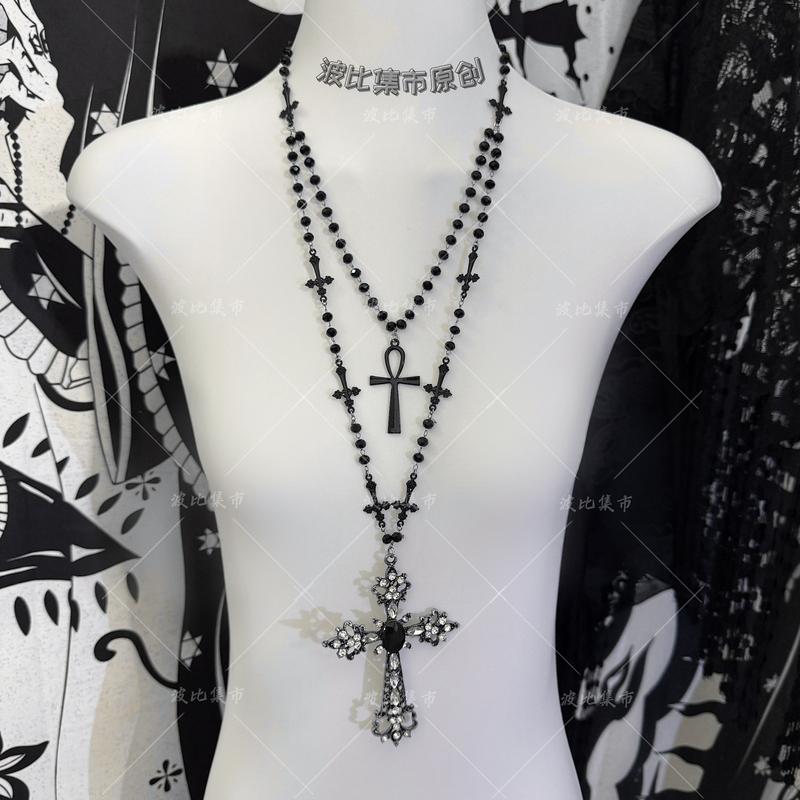 Poppy Market Subculture Niche Goth Punk Dark Lolita Beaded Double Layer Cross Necklace Y2K Cool Poppy Market Subculture Niche Goth Punk Dark Lolita Beaded Double Layer Cross Necklace Y2K Cool