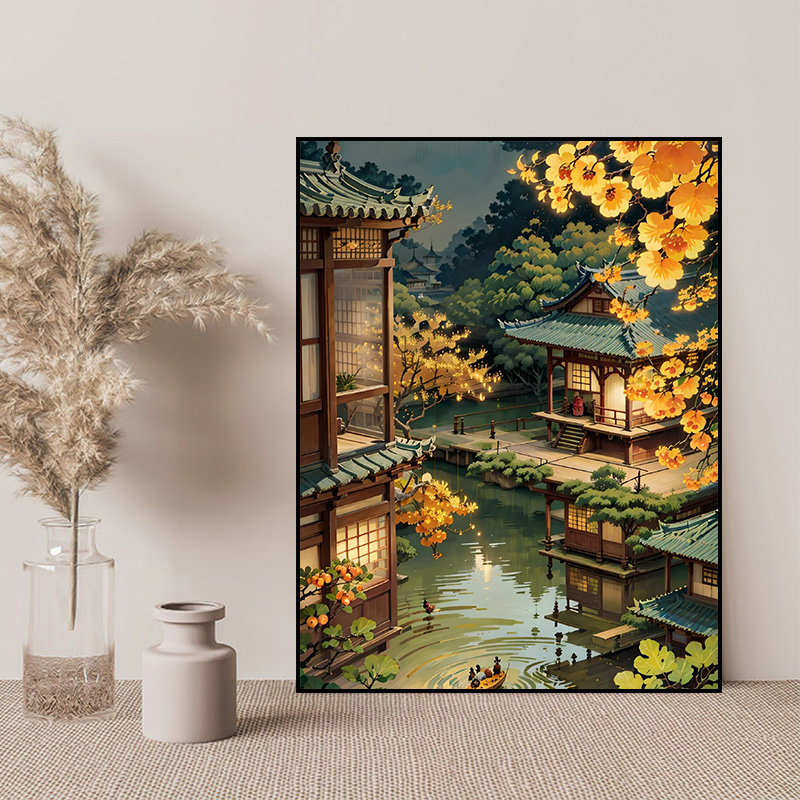 National Wind Digital oil painting Diy ancient rhyming building loft scenery hand-painted filled color propylene decoration oil color hanging painting-Taobao