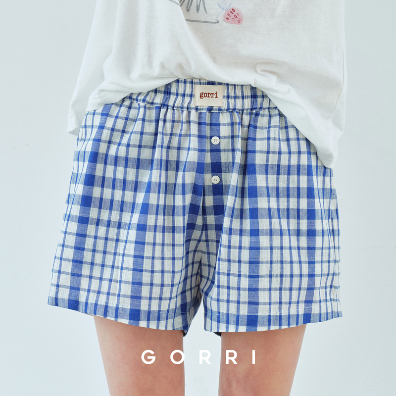 Gorri Summer Blue and White Plaid Loose Shorts with Elastic Waistband, Embroidered Plaid Lazy Linen-Like Aro Pants Gorri Summer Blue and White Plaid Loose Shorts with Elastic Waistband, Embroidered Plaid Lazy Linen-Like Aro Pants