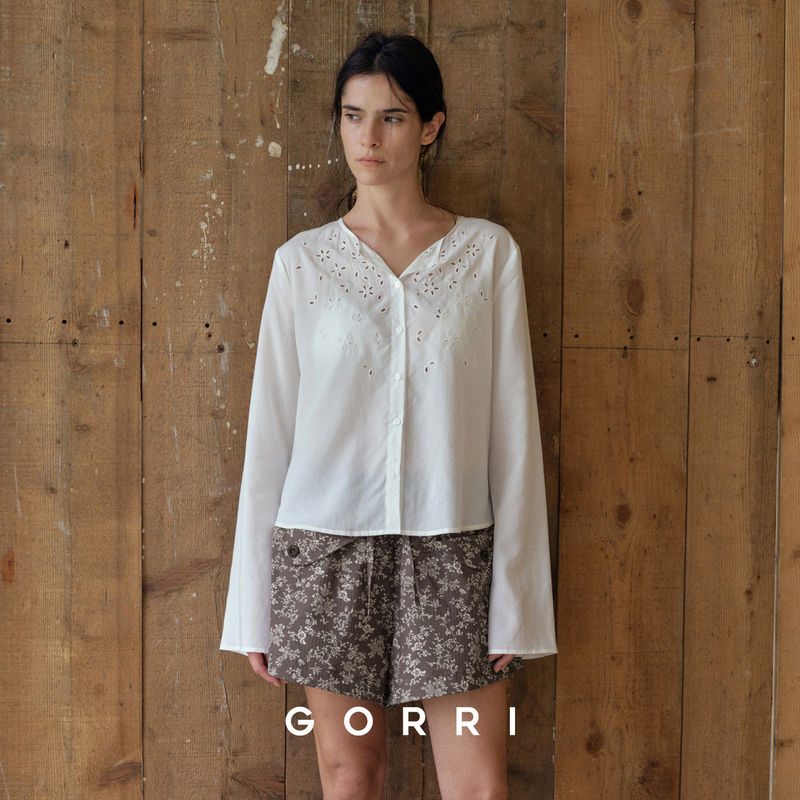 Gorri Tencel Acetate Floral Hollow Embroidery White Shirt Flared Sleeve Short Cardigan Lightweight Top