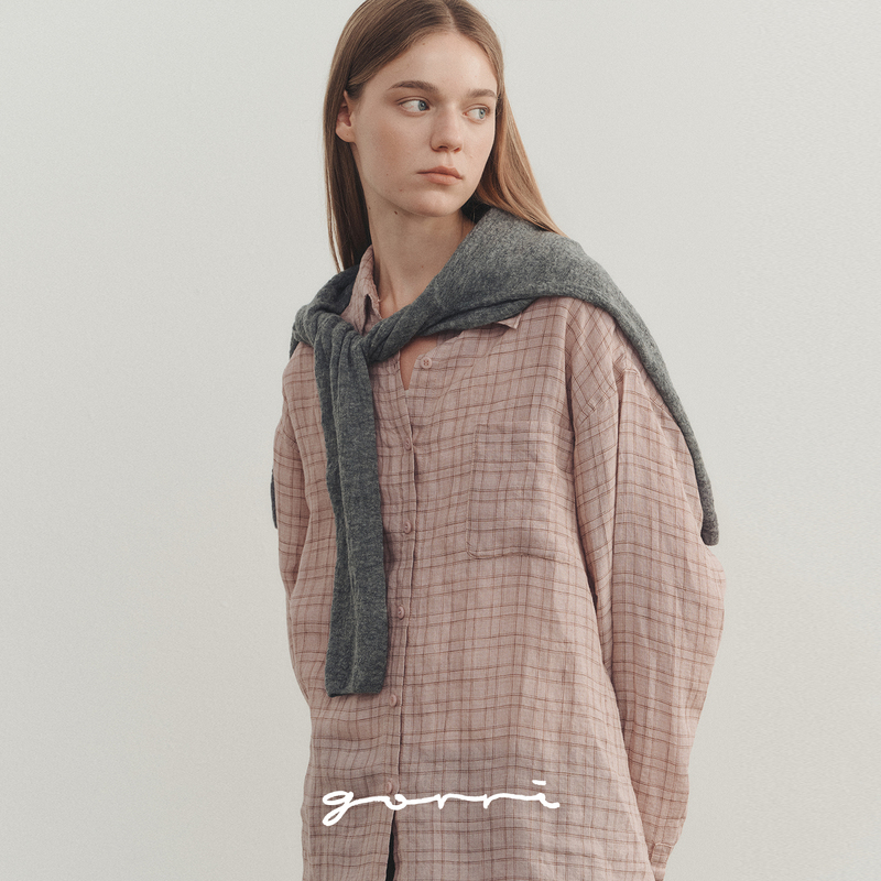 Gorri 100% Linen Pink Plaid Drop-Shoulder Shirt, Dry-Fit Long-Sleeve Cardigan with a Turn-Down Collar, Autumn 2026