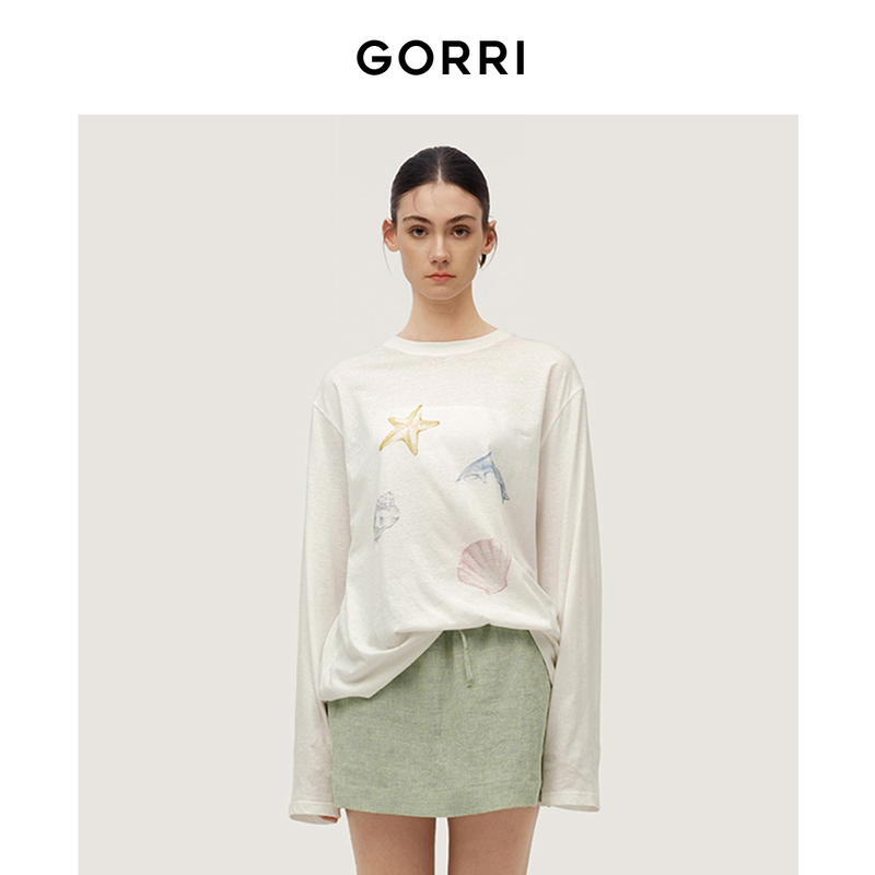 Gorri Spring and Summer Lightweight Slightly Sheer Starfish Print Long-Sleeved T-Shirt Loose Sun Protection Cover-Up Lazy Casual Top