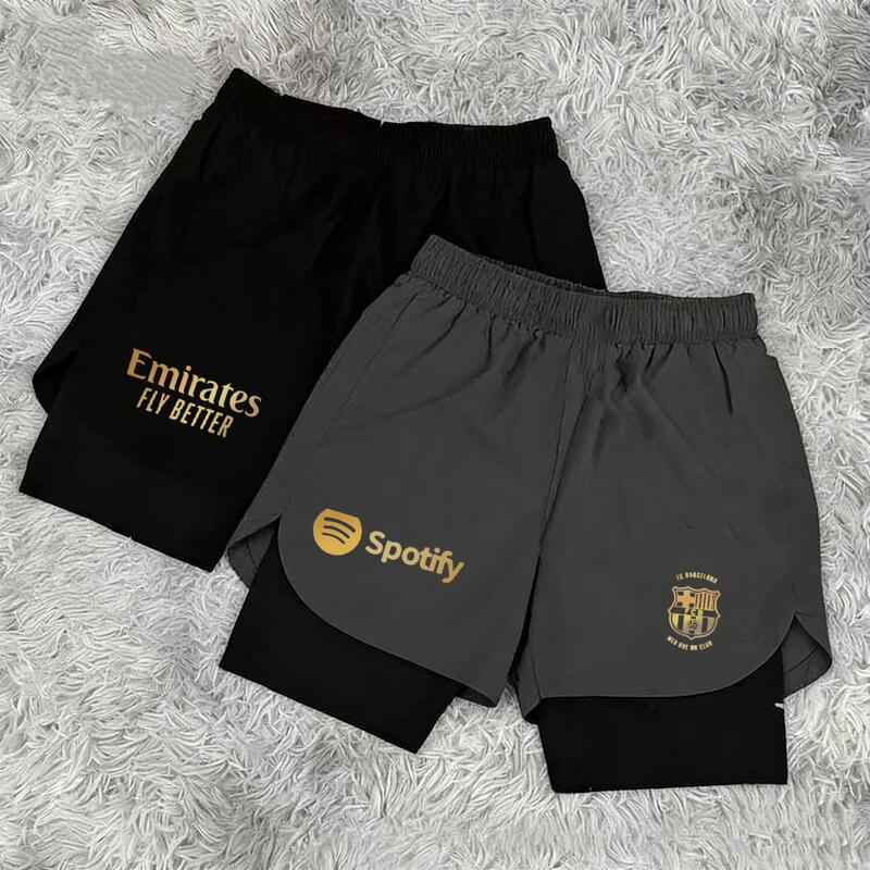 Real Madrid and Barcelona Same Style Football Training Shorts for Men, Double-Layered with Lining, Quick-Drying Sports Pants, Running Fitness Three-Quarter Pants